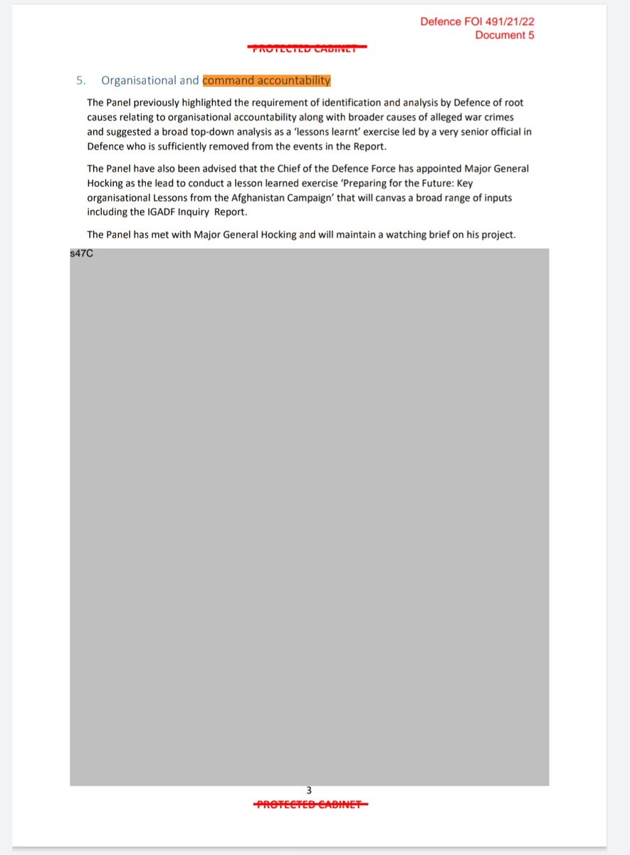 Interesting ti note that the sections on 'command accountability' (incl section headings) have been all but completely redacted in these FOI docs from the Defence Afghanistan Inquiry Implementation 'Oversight' Panel. Tells you everything you need to know. defence.gov.au/sites/default/…