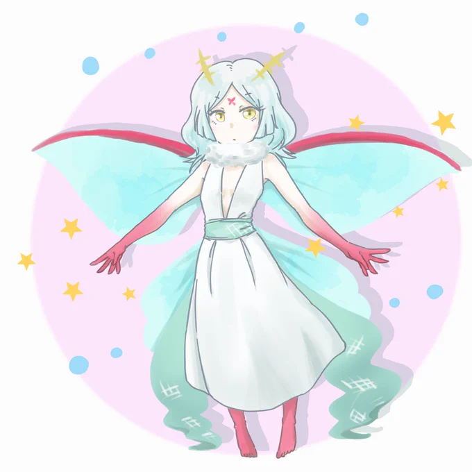 むっけさんとこの子、テミアちゃん描かせて頂きました、翅バージョンがお気に入りなんですむっけさんの絵のシルエットが凄いオシャレで好きなので追いつけるように頑張りました(笑)描かせて頂きありがとうございました#うちの子描き合いませんか  