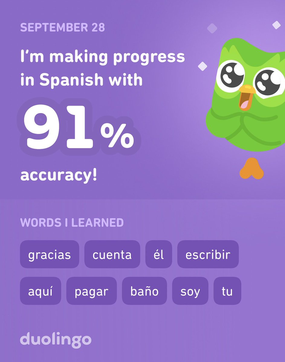 Dajmang's tweet photo. I’m learning Spanish on Duolingo! It’s free, fun, and effective. https://t.co/XaAGr2dJG9