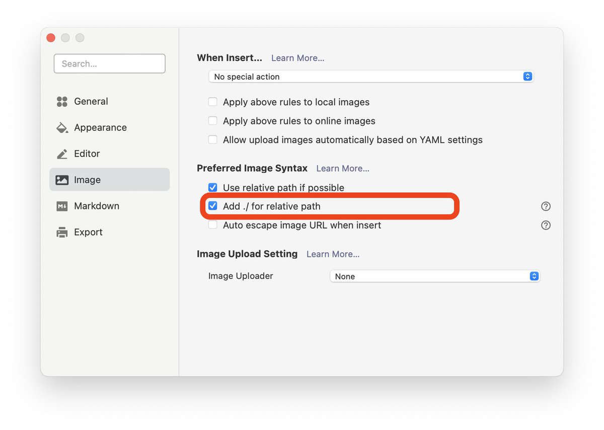 Typora's tweet image. #TyporaTips In some Static Site Generator, like #VuePress, it need ./ at the beginning for relative path. You could enable "Add ./ for relative path" to tell Typora to add ./ when insert images. (support.typora.io/Images/#ensure…)
