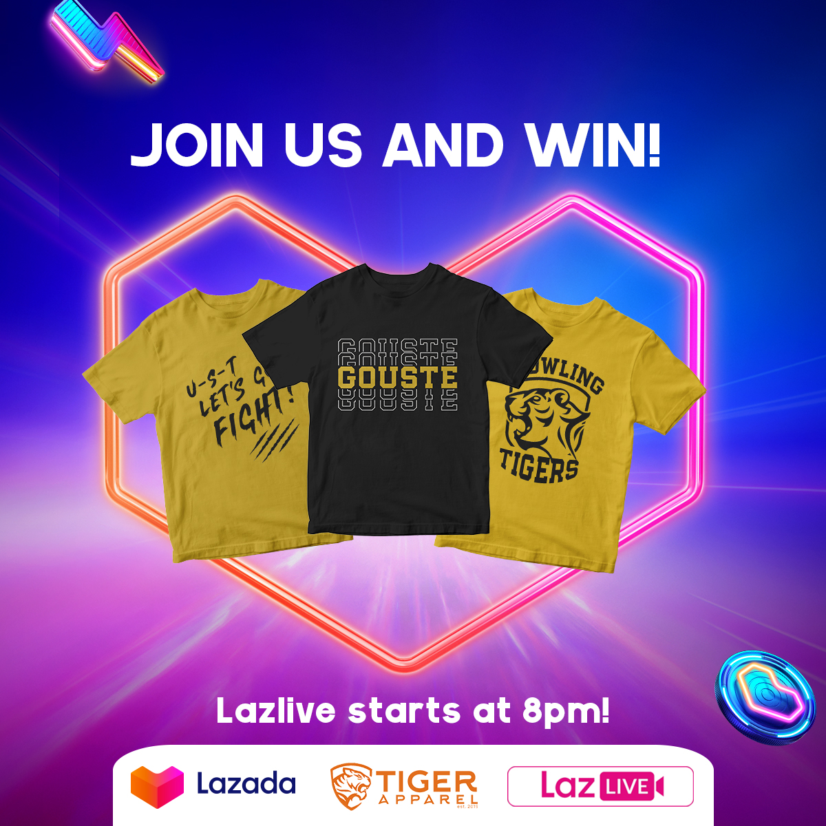 tiger_apparel's tweet photo. Join us later and get your exclusive voucher to avail your Tiger Apparel Merchandise at a discounted price! Get a chance to win your very own UST shirts as we get to learn some trivia about UST's history in the UAAP. Continue the UAAP hype with John Carrasco later at 8pm! https://t.co/0CrNl0P2oA