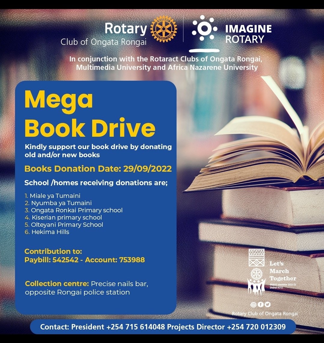 Today 29th Sept ,  the Rotary Club of Ongata Rongai  in conjunction with Rotaract Clubs of Ongata Rongai and ANU, and other donors present books to several schools in the Mega Books Drive initiative.