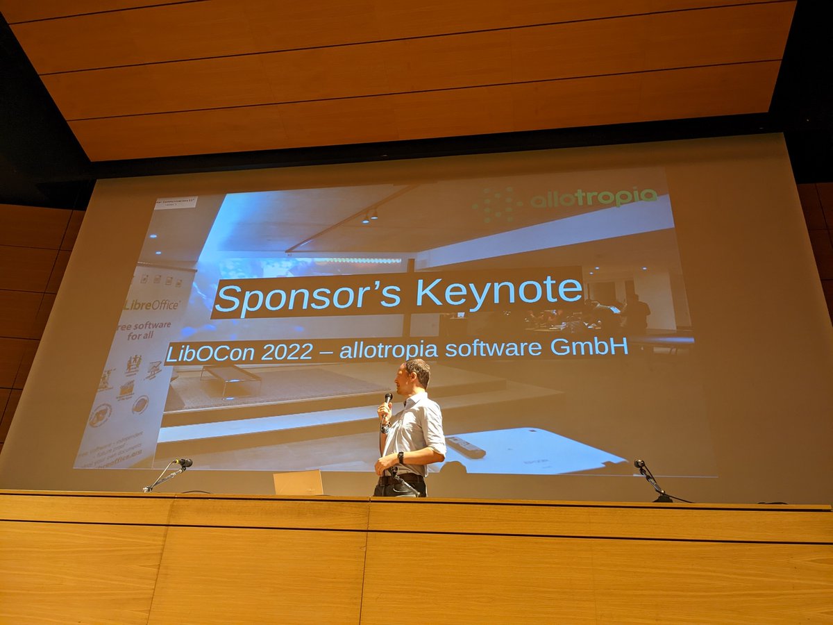 .<a href="/thooorsten/">Thorsten Behrens - @thb@fosstodon.org</a> from <a href="/AllotropiaEN/">allotropia software - @allotropia@fosstodon.org</a> gives his sponsor's keynote at <a href="/libreoffice/">LibreOffice</a> Conference in Milan
