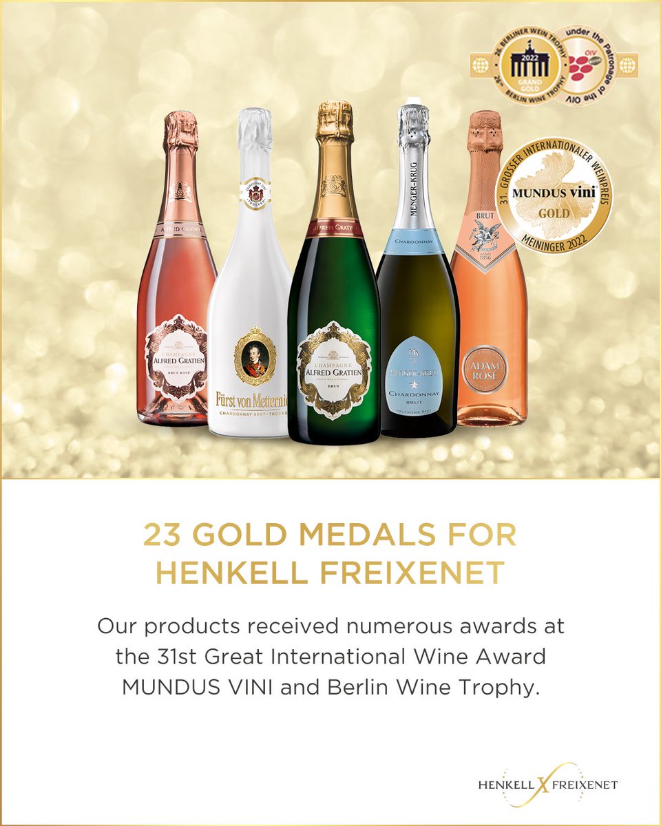 At the MUNDUS VINI &amp; Berlin Wine Trophy tastings, Henkell Freixenet was awarded a total of 23 gold medals by the respective expert jury. Among them are two Grand Gold Medals from the Berlin Wine Trophy and a "Best of Show Prosecco Rosé" award from MUNDUS VINI.