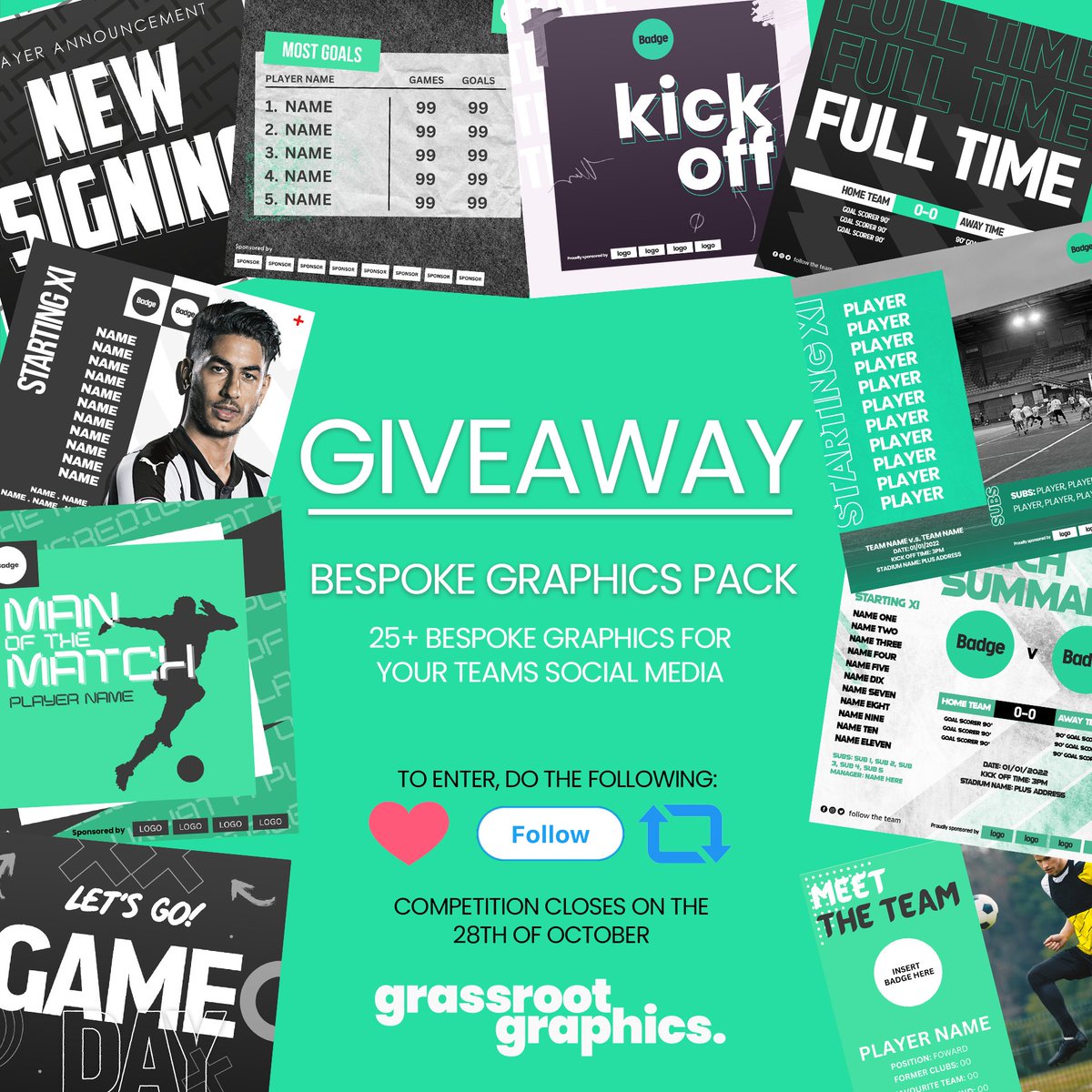grassrootgfx's tweet photo. GIVEAWAY TIME🥳🎉
To celebrate 100 followers we are giving away our BESPOKE Graphics Package to one lucky club!
To ENTER simply FOLLOW, LIKE & RETWEET this post🤩
Clubs & Players enter now to make your team have the BEST Graphics across Social Media⚽️💪
#GrassrootGraphics https://t.co/KjOHneyzMB