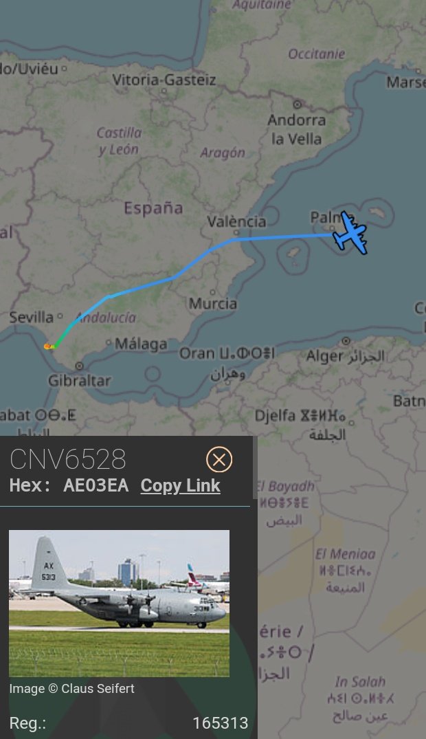 MilRadar's tweet photo. 🇺🇸 #USNavy C-130T Hércules 165313 del #VR53 despega desde #Rota y con rumbo E sobrevuela la isla de #Mallorca https://t.co/4WCDFZQv13