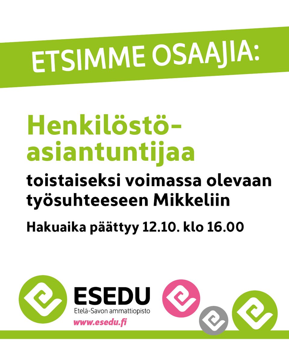 Olisitko etsimämme osaaja? 🤩Haemme nyt hnkilöstöasiantuntijaa toistaiseksi voimassa olevaan työsuhteeseen Mikkeliin. Tutustu avoimiin paikkoihin verkkosivuillamme: esedu.fi/tietoa-meista/… #henkilöstöasiantuntija #rekry #rekrytointi #avoimetpaikat #työpaikat #avoimettyöpaikat