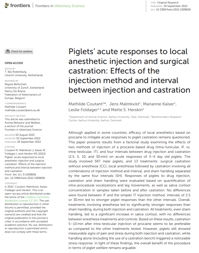 HerskinMette's tweet photo. Interested in piglet castration pain - and how to mitigate it (or not)? Check the brand new paper by Mathilde Coutant et al. from @Husdyrforskning on the use of local anesthetic before castration, in @FrontVetScience: https://t.co/6VxG4W21nK. @jens_malmkvist https://t.co/cIV0ItNMtL