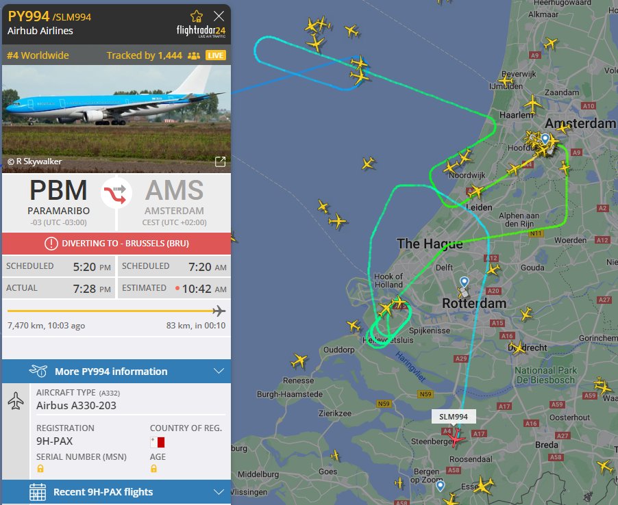Flight PY994/SLM994 with 9H-PAX, destination #EHAM/#Schiphol makes go-around and is then diverted to Brussels. Because of the fog? #flightradar24  #flighttracking #aviation