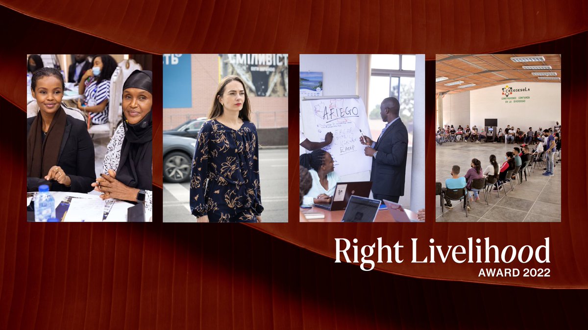 PRECIS TILLKÄNNAGIVET: 2022 års #RightLivelihood-pristagare är...

🇸🇴 Fartuun Adan &amp; Ilwad Elman
🇺🇦 Oleksandra Matviichuk / Center for Civil Liberties  
🇻🇪 Cecosesola
🇺🇬 Africa Institute for Energy Governance 

Fira årets pristagare tillsammans med oss ➡️ rightlivelihood.org/2022-announcem…
