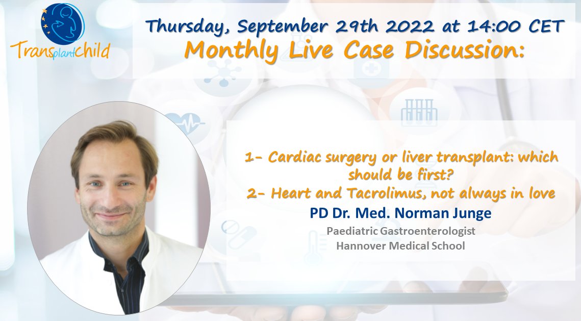 TransplantChild's tweet photo. 📢Last call! Do not miss the opportunity to join the #LiveCaseDiscussion of @TransplantChild to celebrate the #WorldHeartDay
📅Thursday 29th June
⏰14:00 CET.
If you wish to participate in the discussion, contact us at coordination@transplantchild.eu https://t.co/qIlDZdOeAM