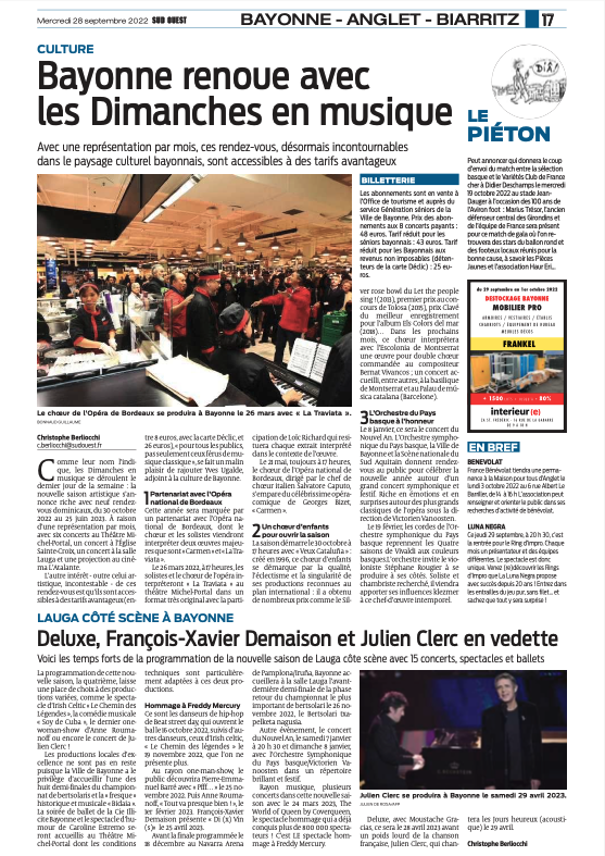 Bleu Citron Productions (@bleucitron_prod) on Twitter photo On s'exporte à #Bayonne pour 4 dates à la Salle Lauga !
Venez découvrir Deluxe, François-Xavier Demaison, Julien Clerc et Pierre-Emmanuel Barré !
<a href="/VilleDeBayonne/">VilleDeBayonne</a> <a href="/Visitbayonne/">Visit Bayonne</a>
Article : sudouest.fr/pyrenees-atlan…
Merci Christophe Berliocchi On s'exporte à #Bayonne pour 4 dates à la Salle Lauga !
Venez découvrir Deluxe, François-Xavier Demaison, Julien Clerc et Pierre-Emmanuel Barré !
<a href="/VilleDeBayonne/">VilleDeBayonne</a> <a href="/Visitbayonne/">Visit Bayonne</a>
Article : sudouest.fr/pyrenees-atlan…
Merci Christophe Berliocchi