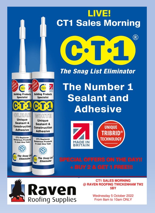 Save the date! CT1 sales morning at our Twickenham branch Wednesday 5th October 8am to 10 am
#CT1 #RoofingSupplies #Roofing #Twickenham #SnagEliminator