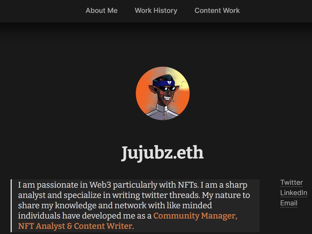 I finally launched my website today. It acts as my #portfolio for all my #content writing jobs and NFT #Analysis.

It was rather simple to build this website with @notionHQ and @Super_

Check out my #website now. 👇🏽

jujubz.super.site