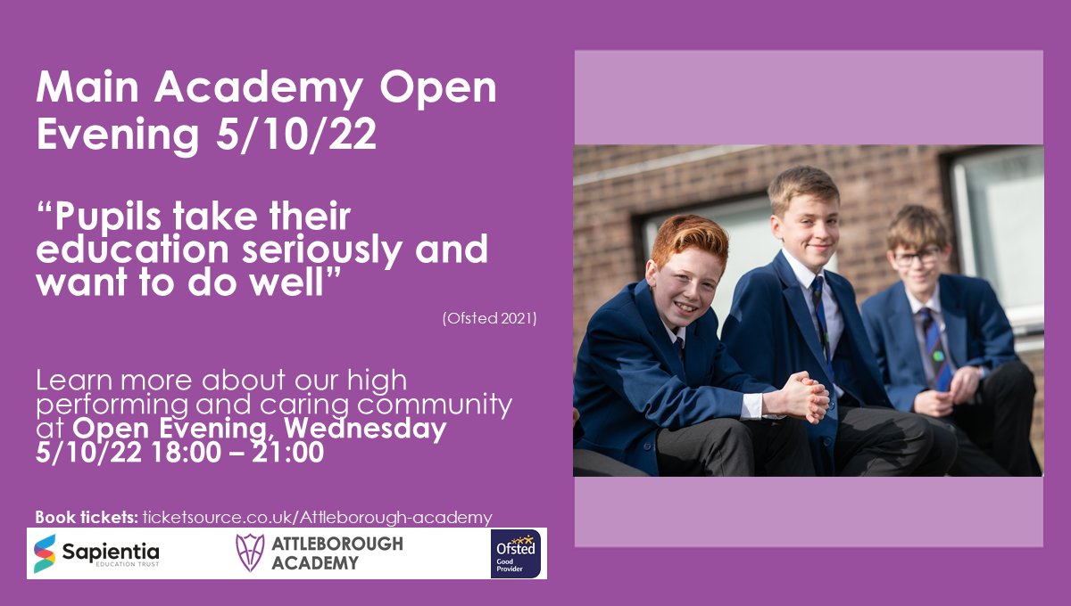Book tickets for our Open Evening, Wednesday at 18:00 on our website. We look forward to welcoming you to our community! attleboroughacademy.org/83/student-adm…