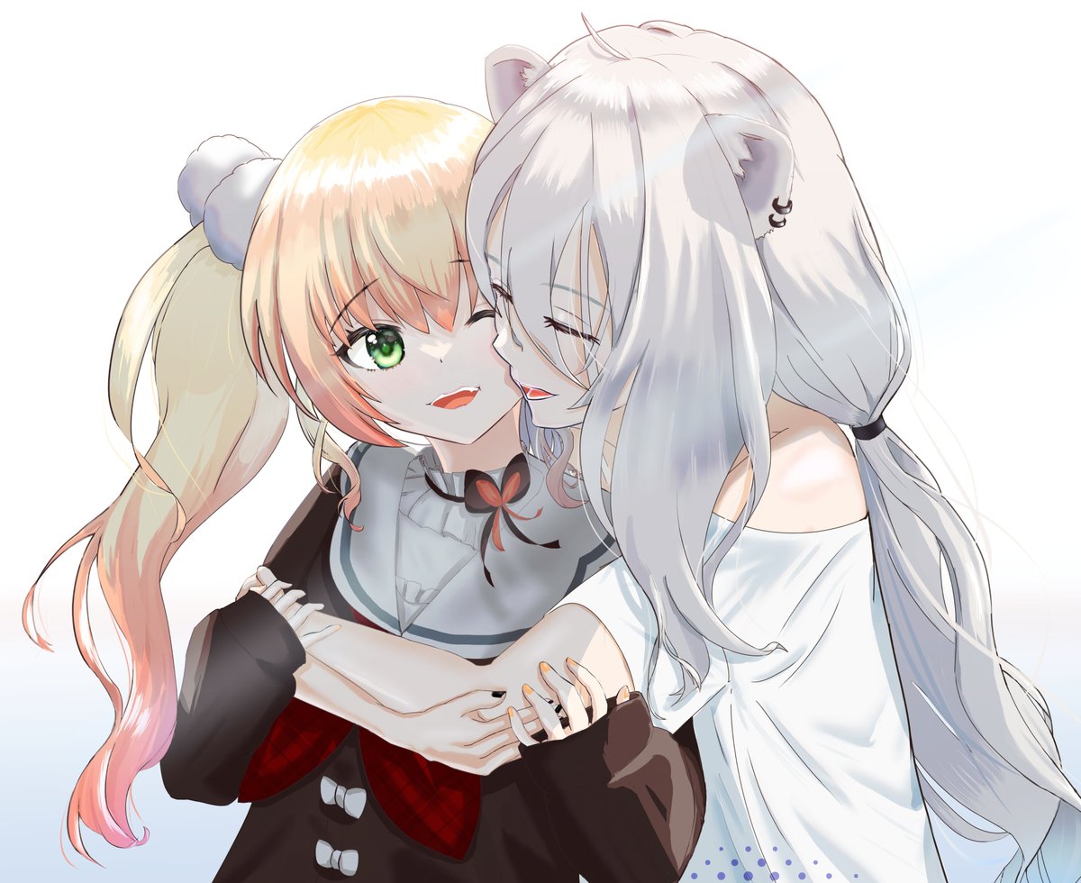 momosuzu nene ,shishiro botan multiple girls 2girls animal ears blonde hair lion ears hug green eyes  illustration images