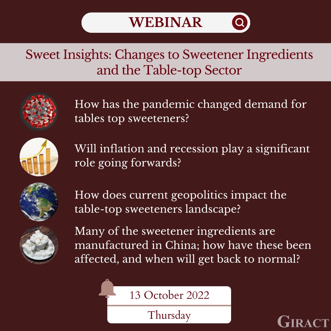 GIRACT's tweet photo. Join us in an interesting webinar on Changes to Sweetener Ingredients 13 October, 2022.
Session 1 (0900 CEST)
https://t.co/whGsaW2Wpr
OR
Session 2 (1300 CEST)
https://t.co/J4WisopuYU
OR
Session 3 (1900 CEST)
https://t.co/wloGw7Gkxu
#webinar #sweeteners #ingredients #giract https://t.co/mxuazeBpK3