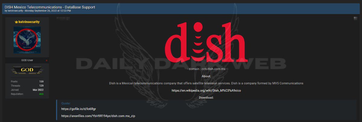 DailyDarkWeb's tweet photo. #Mexico 🇲🇽 - #Database of Dish México is #Leaked by KelvinSecurity #Databreacher
Dish México, S. de R. L. de C.V. is a Mexican-owned company that operates a subscription satellite #television service in Mexico nationwide.
#DarkWeb https://t.co/Ghd3EuU3o0