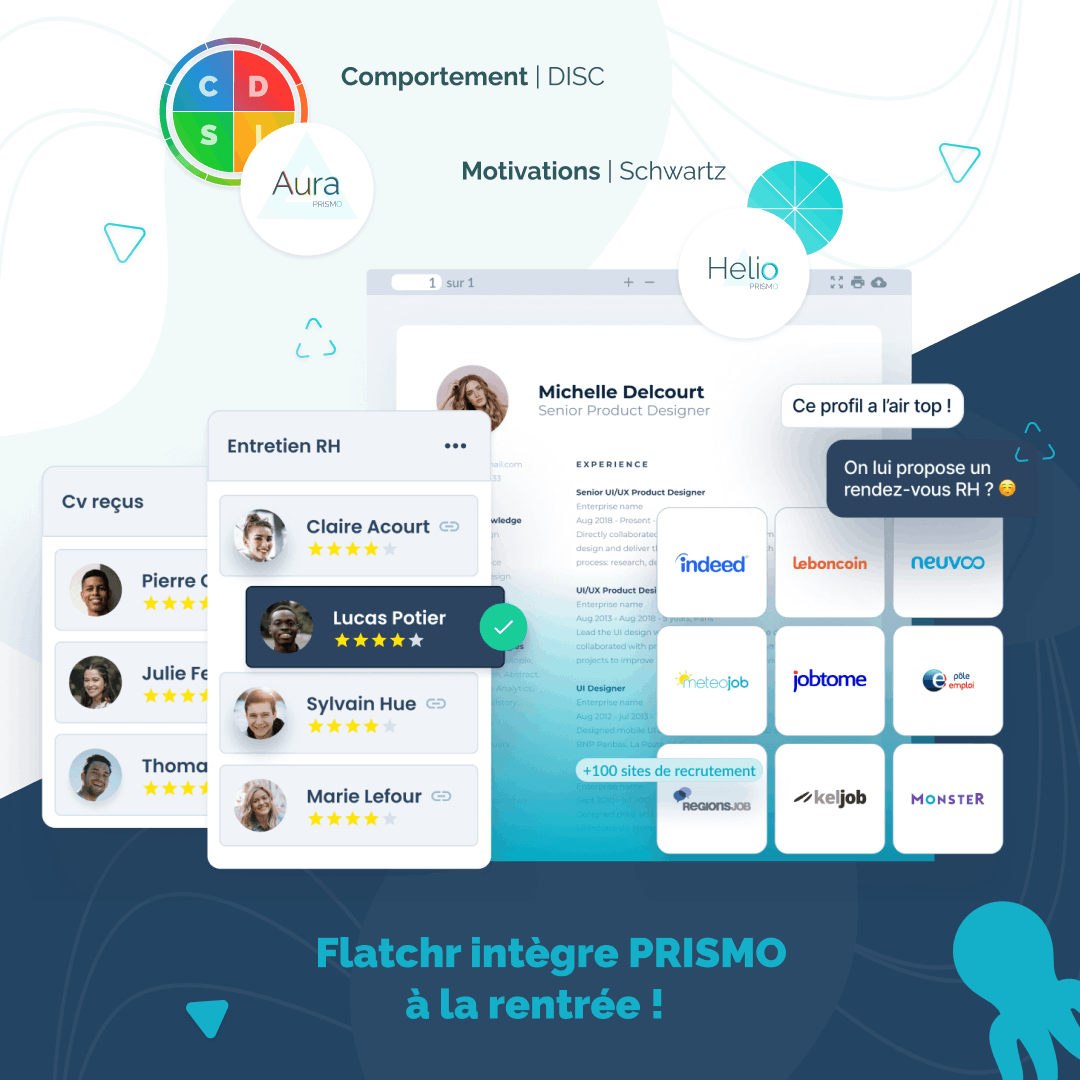 Les news du mois de septembre 🥳

Nous sommes fiers de lancer un nouveau partenariat avec <a href="/Flatchr/">Flatchr</a> , qui intègre PRISMO dans leur marketplace.

L’objectif de cette intégration : 

👉 Aider les RH à mieux découvrir les candidats
👉 Offrir une meilleure expérience de recrutement