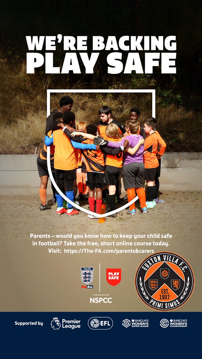 This weekend 1st - 2nd October our whole club will be Backing the FA Play Safe Initiative. Our club runs over 40 teams and safeguarding everyone is of primary importance #playsafe
⁦<a href="/EuxtonVillaJnrs/">Euxton Villa Juniors</a>⁩ ⁦@EuxtonVillaGirl⁩ 
⁦<a href="/LancashireFA/">Lancashire FA</a>⁩ ⁦<a href="/FA/">The FA</a>⁩ ⁦<a href="/nwcfl/">The NWCFL ⚽️</a>⁩