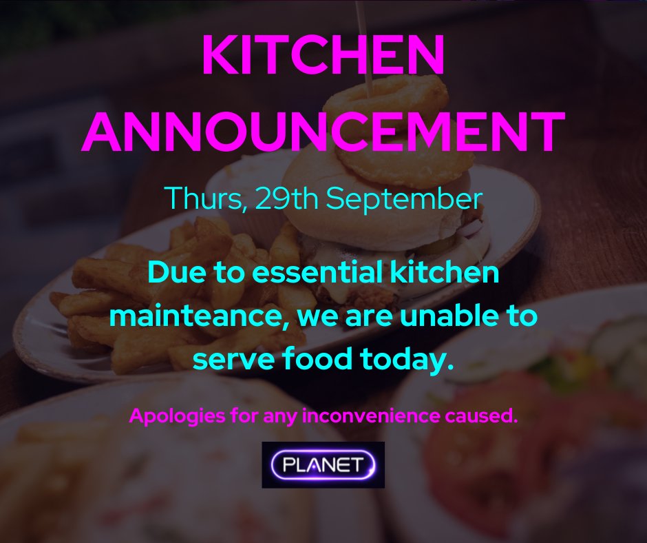 IMPORTANT KITCHEN ANNOUNCEMENT!
Just a heads up everyone - due to essential maintenance, our kitchen is, unfortunately, closed today.
We apologise for any inconvenience this may cause.
Normal service will resume tomorrow - just in time for the weekend! Yippee! 😊