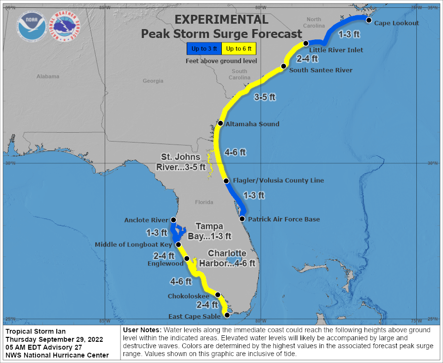 NHC_Atlantic's tweet photo. Here is the latest peak storm surge potential for #Ian, issued 9/29 at 5 AM. More: https://t.co/tW4KeFW0gB https://t.co/M1T1GfZ4ve
