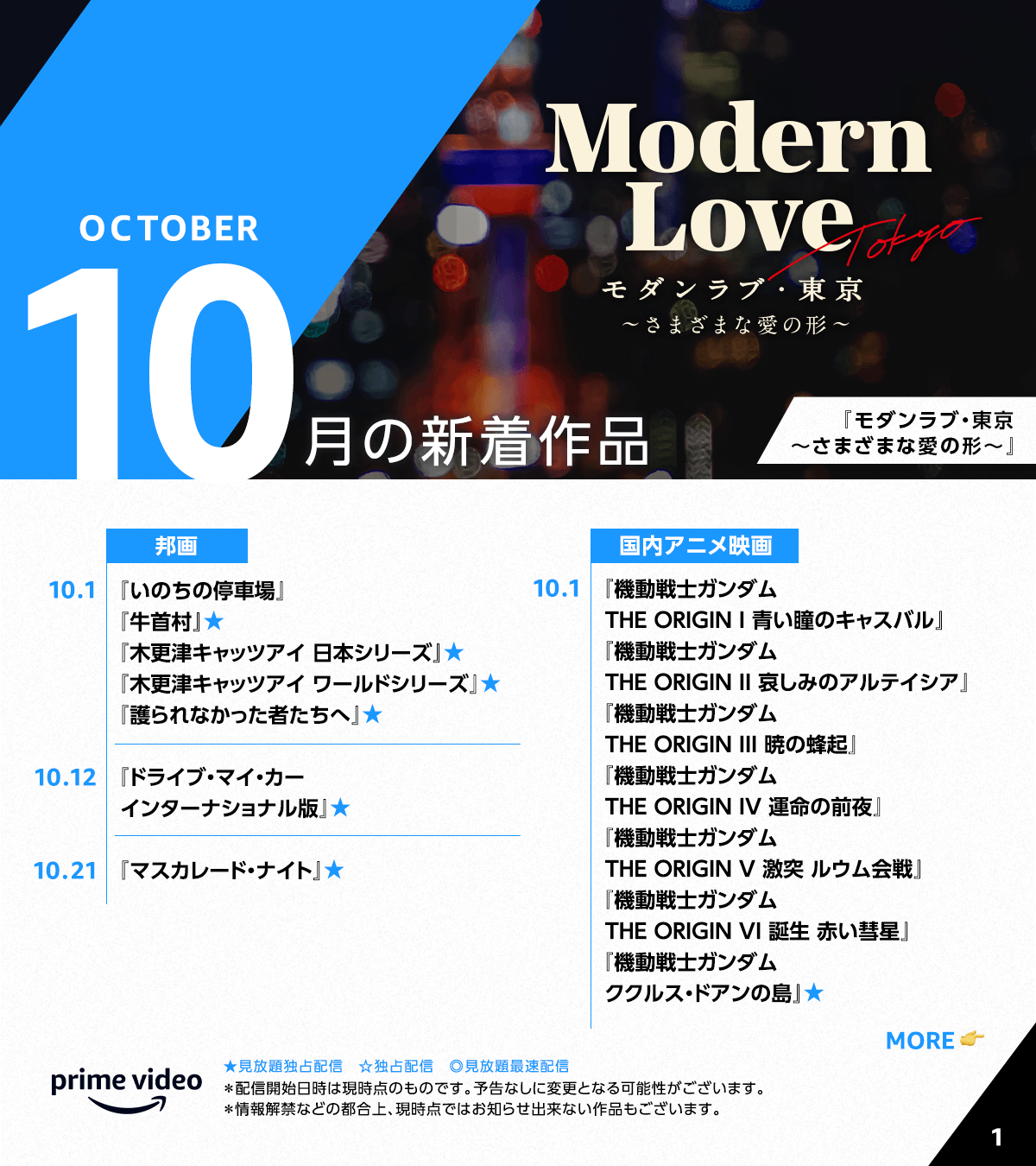 Prime Video プライムビデオ Amazonプライムビデオ 10月 配信作品 一覧 Amazon Original モダンラブ 東京 さまざまな愛の形 ドライブ マイ カー インターナショナル版 仮面ライダーblack Sun ゴールデンカムイ 第四期