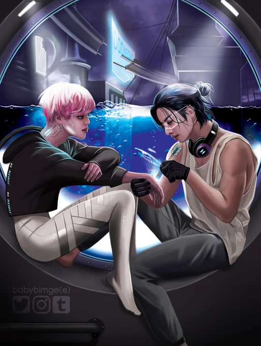 This is the art I drew for , haven't posted yet. Since we are having a cyberpunk day, why not post it today?Creator JkRobot Jm in apocalyptic world? #JKKweekD5  #jikook 