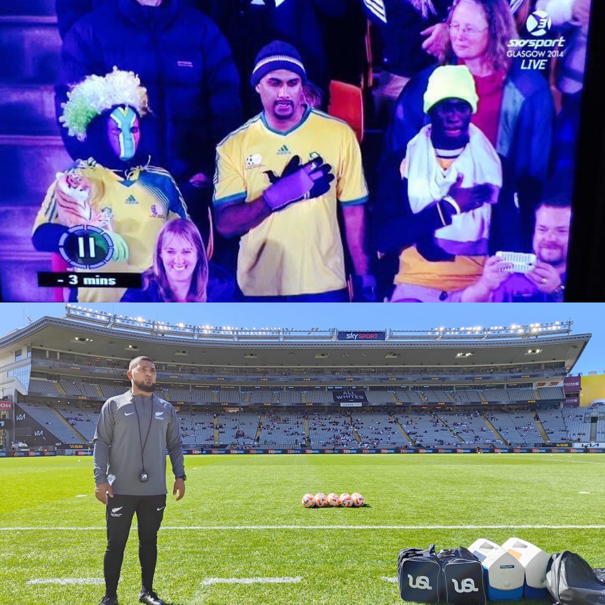 Coachsunz's tweet photo. Full circle ⭕️ moment. Top picture me watching All whites vs South Africa 2014 at mount smart. Bottom picture me working for the All whites 2022 at Eden park 🏟 #football #lifeinfootball https://t.co/DAk4bYHBbl