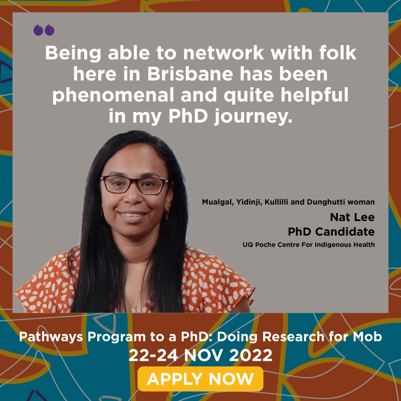 UQPoche's tweet photo. Have you ever wondered about research and what's involved in a PhD? Find out all about doing research for Mob right here in Brisbane at our Pathways Program to a PhD. Applications are open til 17 Oct 2022 🖱️https://t.co/9h3kqKI4cU https://t.co/0Xw8ED2g3K
