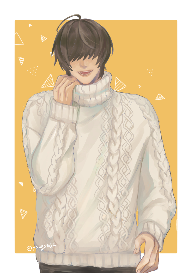 1boy hair over eyes male focus sweater solo cable knit white sweater  illustration images