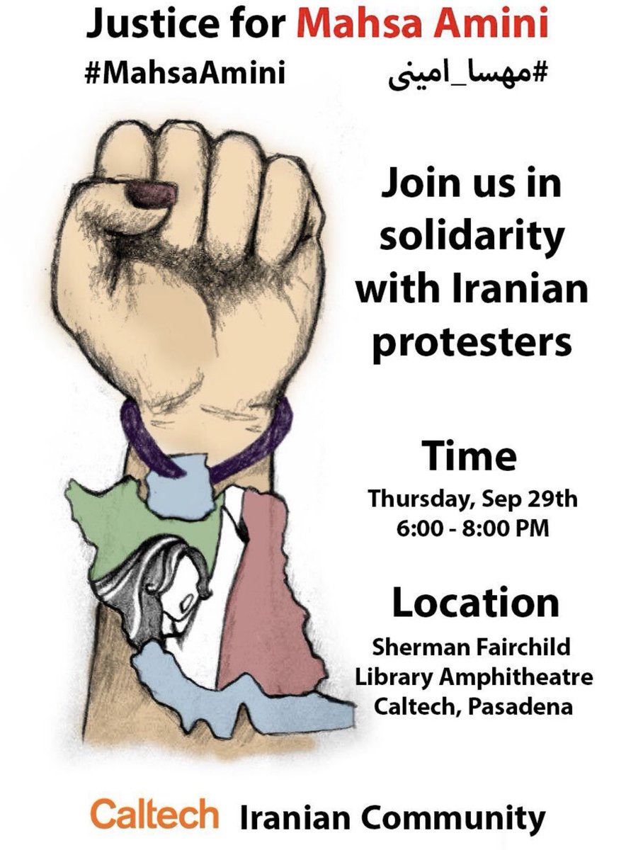 realmrahmadi's tweet photo. Join Caltech students, postdocs, and faculty, and NASA JPL engineers and scientists tomorrow in solidarity for Mahsa Amini and Iranian protestors! #MahsaAmini #مهسا_امینی https://t.co/5O0dimDjpG