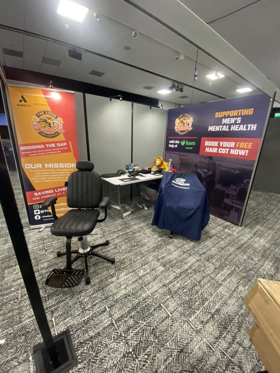 HeresTommy's tweet photo. All set up and ready for @SaferHighways18 #SHLive today with @TheLionsBarbers https://t.co/ls8bJRY3M0