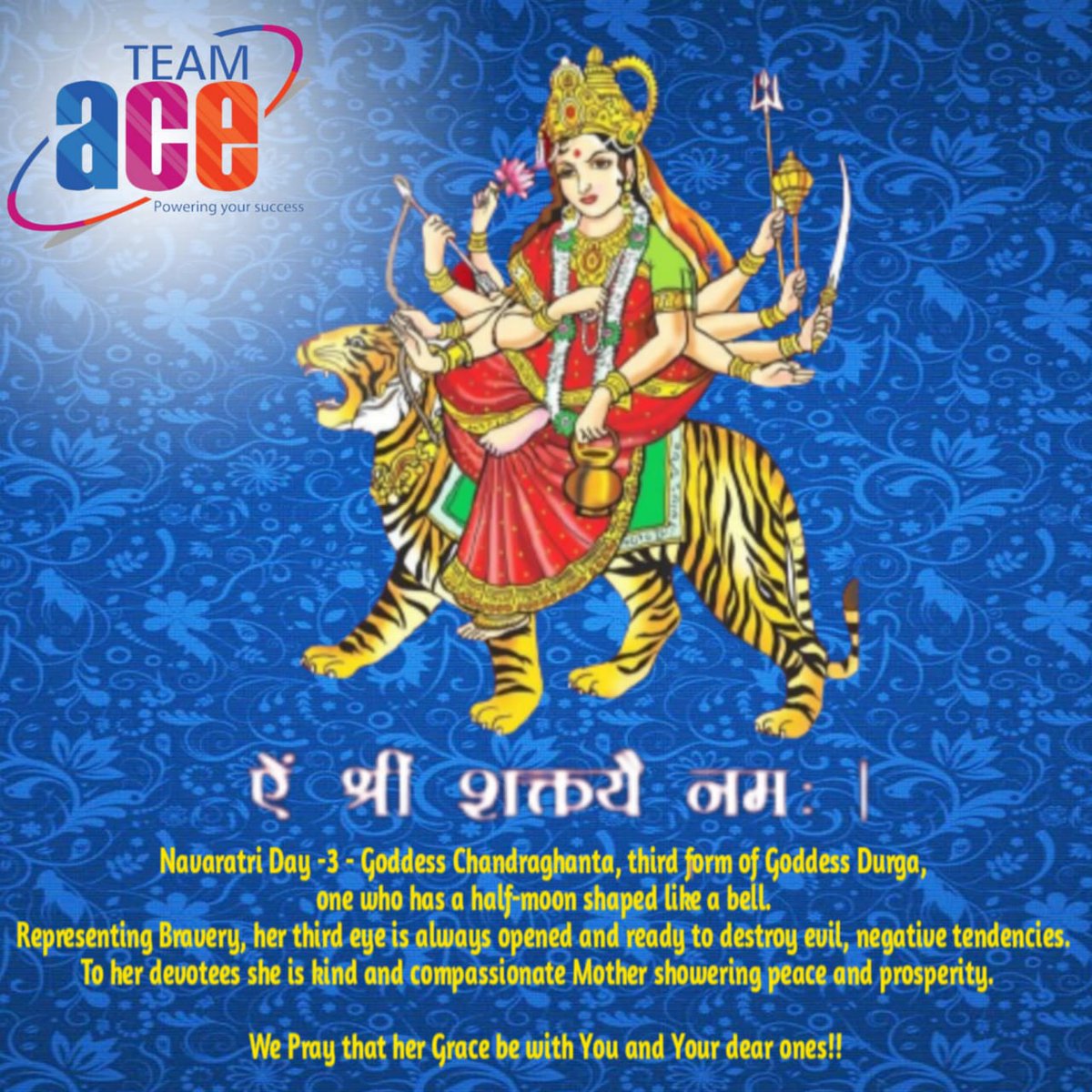 TeamACEHR's tweet photo. Navaratri Day -3 - Goddess Chandraghanta, third form ofย Goddess Durga,
one who has a half-moon shaped like a bell.
Representing Bravery, her third eye is always opened and ready to destroy evil, negative tendencies. #teamacehr #navratri2022 #recruiter https://t.co/ckCeWLrBNZ