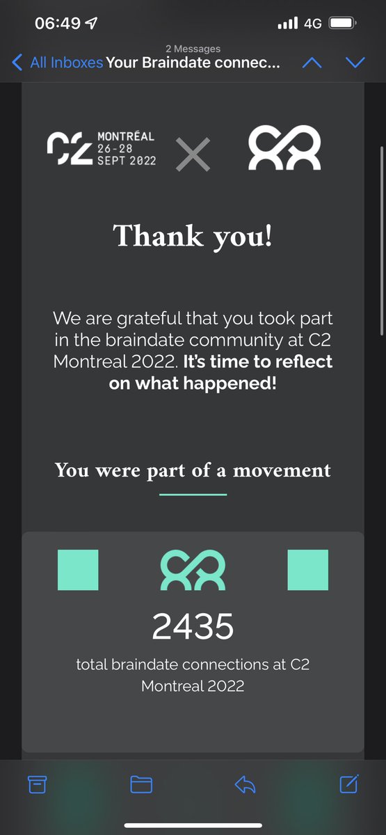 RuudWJanssen's tweet photo. Just landed back in 🇨🇭- got this in mail - Hands down best ROI from @C2International Montréal 🇨🇦 this week was the fabulously human centered conversations I was able to have through @e180 Braindates. #EventDesign #DESIGNtoCHANGE #HORIZONSofCHANGE #C2MTL22 #BrainDates https://t.co/Pyo8KFXLZw