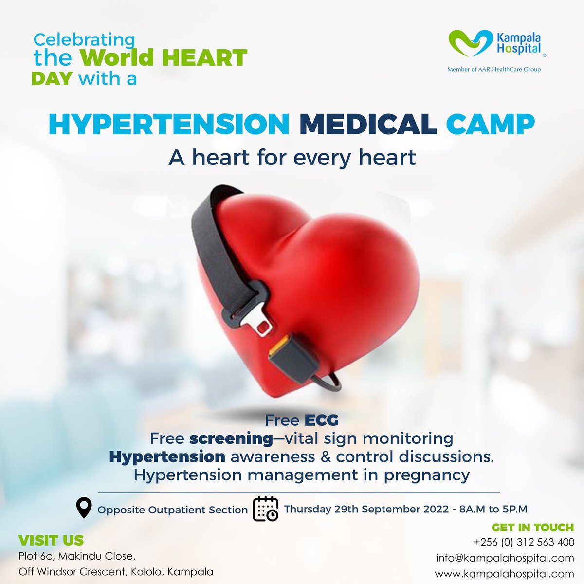 Today is the international WorldHeartDay and @KlaHospital
has medical camp set up for you where they shall be offering free hypertension awareness and management during pregnancy, ECG and screening services starting from 8am - 5pm. 
Be there👊
#LoveYourHeart
#KnowYourNumbers