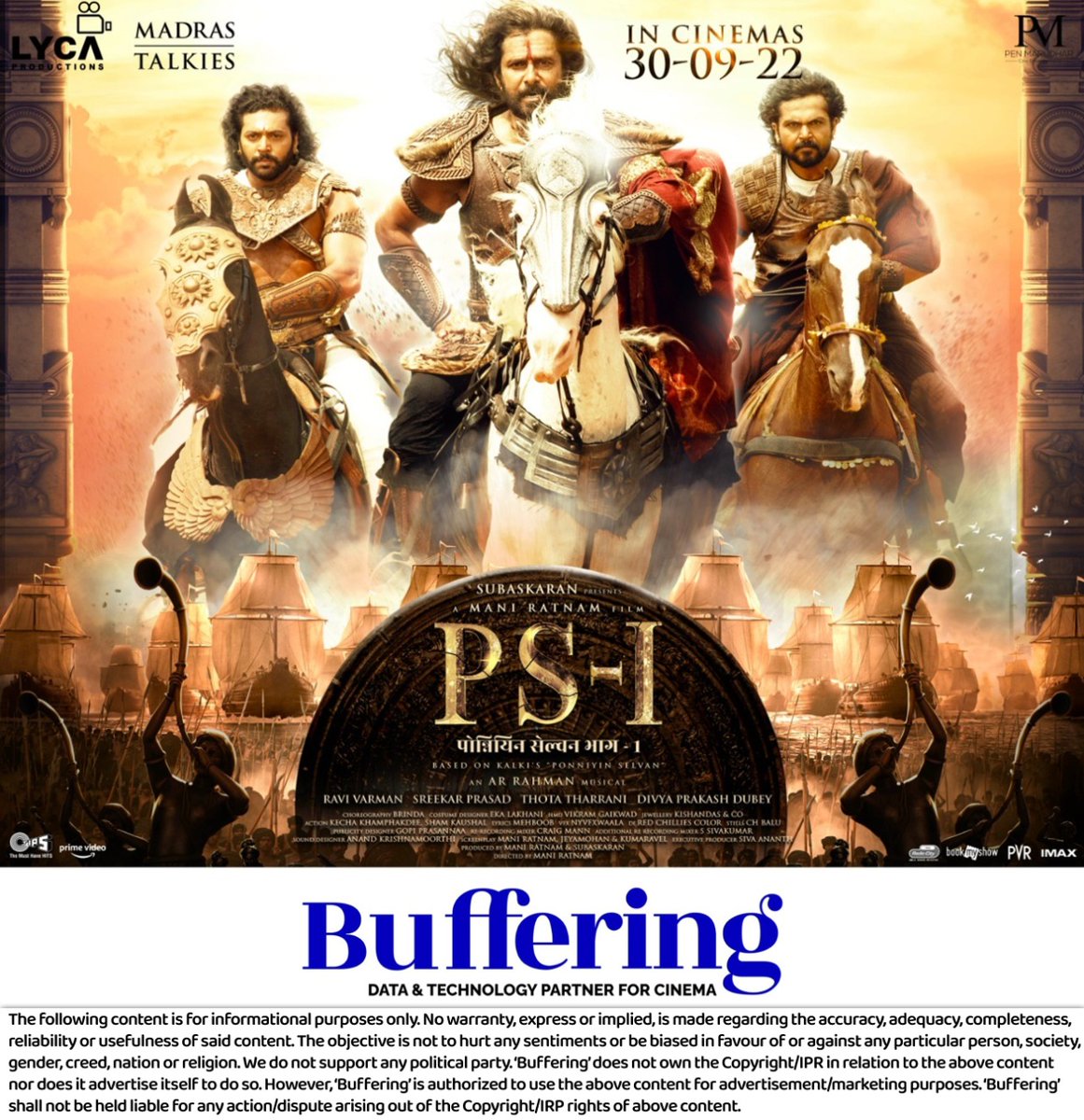 Bufferingmedia's tweet photo. #BufferingMediaTech is proud to put forward the Outdoor campaign for Mani Ratnam's PS 1 starring Vikhram & Aishwarya Rai. A Lyca & Madras talkies production releasing worldwide on 30th September 2022. We are pleased to extend Amplification across India through #BufferingMediaTech https://t.co/20fET7SfbW