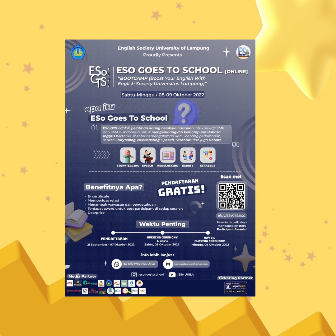 Withenglish_id's tweet photo. Good day, champs! 

The wait is finally over! We proudly present to you an amazing event

𝗘𝗦𝗼 𝗚𝗼𝗲𝘀 𝗧𝗼 𝗦𝗰𝗵𝗼𝗼𝗹 𝗢𝗻𝗹𝗶𝗻𝗲 𝟮𝟬𝟮𝟮

"BOOTCAMP (Boost Your English With English Society Universitas Lampung)" https://t.co/7JxXzEQSLX