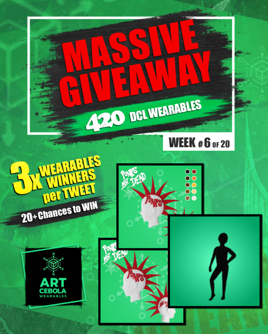 🔥#Decentraland #Wearable🔥
#MASSIVE #GIVEAWAY🖤🔥

Week #6 of 20
1 x Emote
2 x Punks Not Dead
1️⃣RT♻️+ Like❤️
2️⃣Follow <a href="/KesslerSilveira/">v4l4kdcl</a> + <a href="/ArtCebola/">ArtCebola</a>
3⃣Tag 3 friends📌
⏱️72h
Follow other participant profiles to raise your chances to win!🤞
Good lucky!🍀
#NFTCommunity <a href="/decentraland/">Decentraland</a>