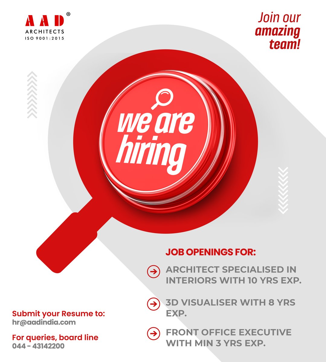 #hiringnow #hiring #hiringalert #hiringalerts #chennaijobs #chennaihiring #chennaiopenings #chennaijob #chennairealestate #chennaicity #architectjobs #architectjob #receptionist #receptionistjobs #jobapportunity #jobannouncement #jobhiring #hr #interiors #jobopportunity