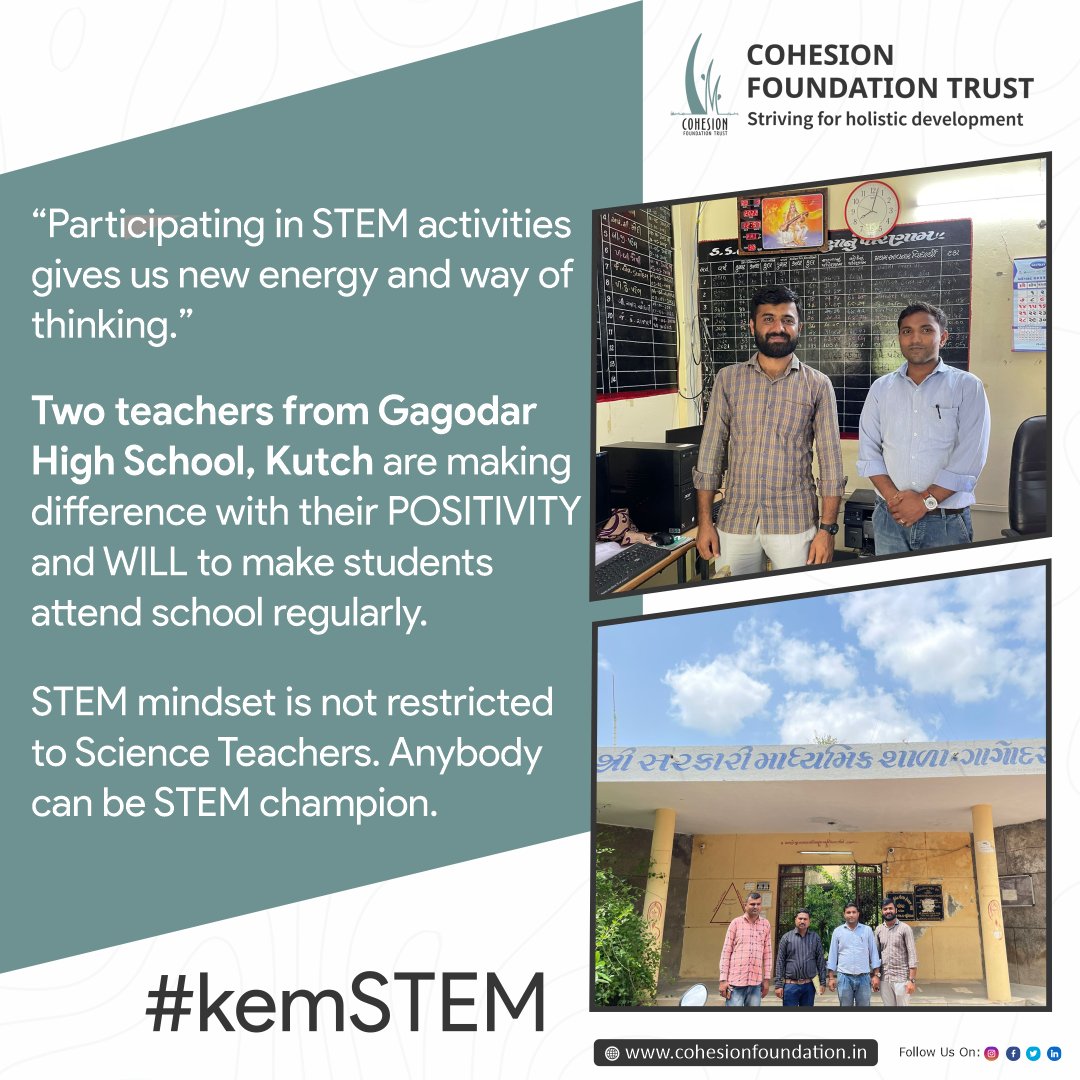 CohesionF's tweet photo. Participating in STEM activities gives us new energy and way of thinking. Two teachers from Gagodar High School, Kutch making difference with their POSITIVITY and WILL to make students attend school regularly.
@hjchaudhari14 @mgpatel560 @rabaris07531260 @Haresh_Sol_1989 #kemSTEM https://t.co/Pjmezclz4p