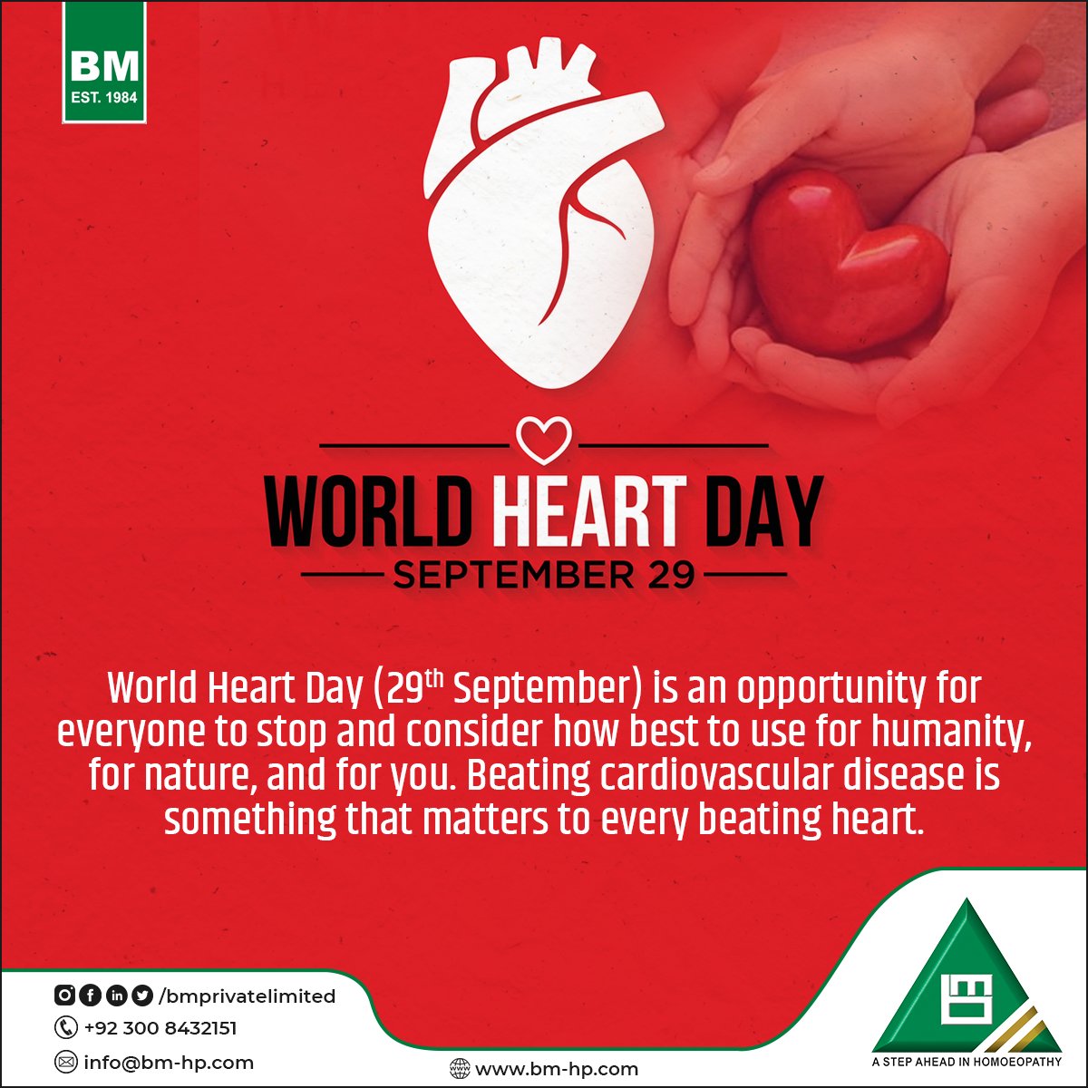 bmprivatelimite's tweet photo. World Heart Day | September 29
#BM #Health #Fitness #Pharmaceuticals  #BMPrivateLimited #BMPharmacy #BMProducts #BMPharmaceuticals #Medicines #BMMedicines #BMSyrups #Remedies #BMTabletsSeries #World #Heart #Day #BMDropSeries #MotherTincher #Biochemic https://t.co/MXJw6Wgvly