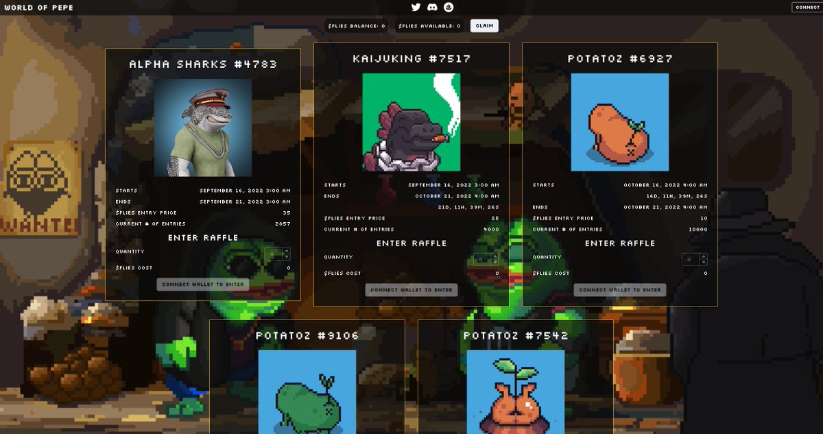 WorldofPepeNFT's tweet image. Pepe's Black Market is going live at 1am EST. 🎟️

We will kick it off with 2 raffles: 
💰 Potatoz Raffle - 6 days. 7.5 $FLIES per ticket. Unlimited tickets.
💰 Kaiju Raffle - 5 days. 5 $FLIES per ticket. Unlimited tickets. 

We will also be hosting some Platinum Primate WL soon!