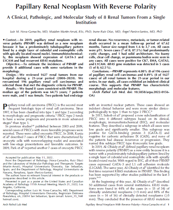 angelpanizo1's tweet image. Congratulations @LuizMiguelN  !!!! Our work has just been published. "Papillary Renal Neoplasm With Reverse Polarity. A Clinical, Pathologic, and Molecular Study of 8 Renal Tumors From a Single Institution" Arch Pathol Lab Med. 2022 Sep 28. #gupath 
pubmed.ncbi.nlm.nih.gov/36170616/