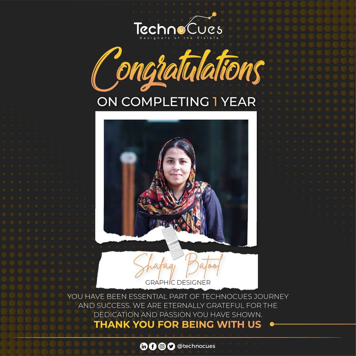 technocues's tweet photo. Congratulations Miss Shafaq Batool on the completion of ONE YEAR at #TechnoCues.
We truly value your Hard Work, Accomplishments, and Prolonged Dedication to us.
We hope that youโll keep on working with the Same Enthusiasm and adding Tremendous Value for many years to come. https://t.co/ntdSayToEr