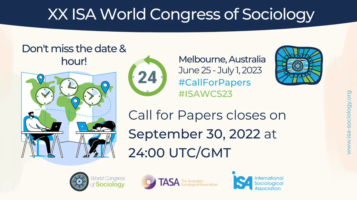 🤔Have you already sent your abstract proposal? 
⏰The deadline closes tomorrow at 24:00 hrs. UTC/GMT, consider your time zone!
📆Today is a good day to send your proposal for the #ISAWCS23 #Melbourne  
🔔Do not miss more time!
➡️ Start here: bit.ly/3UIvawk