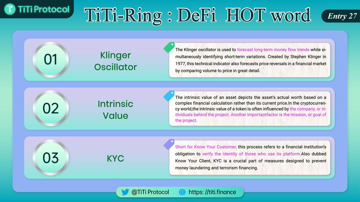 TiTiProtocol's tweet photo. Here're the #DeFi jargons you need to know
✅Klinger Oscillator❓
✅Intrinsic Value❓
✅KYC❓
🥳TiTier,let's take a look at the latest #TiTiRing together
#stablecoin #DeFi #NFTs #Web3 #GameFi #blockchains #NFT #Bitcoin #stablecoinwar https://t.co/5a5o7g1T7A