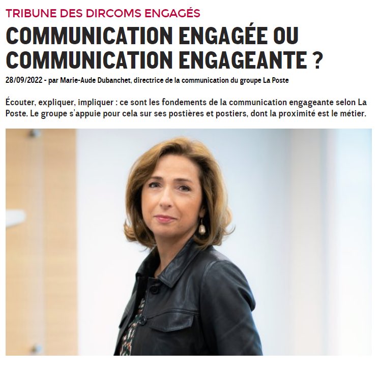 MAudeDubanchet's tweet photo. .@Strategies met en lumière la #communication #engagée et #responsable dans un dossier spécial « Les #Dircom engagés » qui parait aujourd’hui. Une occasion pour expliquer comment @GroupeLaPoste porte ses engagements ? À lire ici > https://t.co/8TZyprFZiY
#LaPosteSengage #LaPoste https://t.co/X9zVmHwcFr