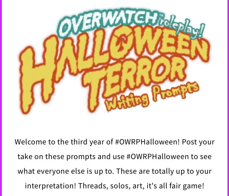 344xazucar's tweet image. //#OWRPHalloween Year 3! Here are this year&apos;s prompts, please RT and be sure to use the hashtag on your posts so people can easily find your prompt posts! You can also use this tag to find posts from previous years.