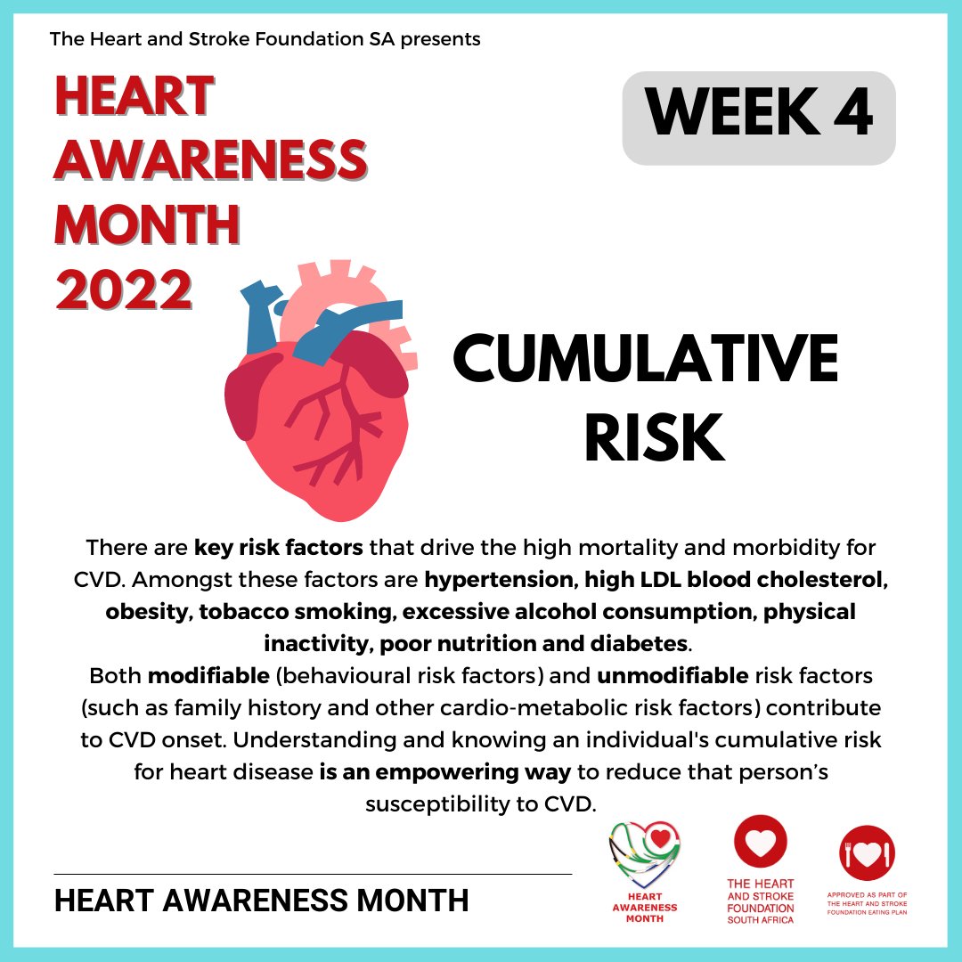 WEEK FOUR and final week of Heart Awareness Month is awareness of CUMULATIVE RISK - the various key RISK FACTORS that drive the high mortality and morbidity for Cardiovascular Diseases. Like and share this post to join us in spreading awareness this #HeartAwarenessMonth